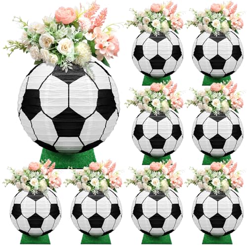 Rossesay 8 Pcs 12 Inches Soccer Table Centerpiece Paper Lantern with 8 Pcs Fake Grass Squares Soccer Centerpiece Decoration Set Sports Ball Paper Lantern Faux Grass Turf Patch - Image 1