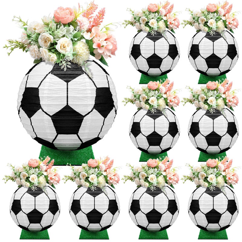 Rossesay 8 Pcs 12 Inches Soccer Table Centerpiece Paper Lantern with 8 Pcs Fake Grass Squares Soccer Centerpiece Decoration Set Sports Ball Paper Lantern Faux Grass Turf Patch - Image 3