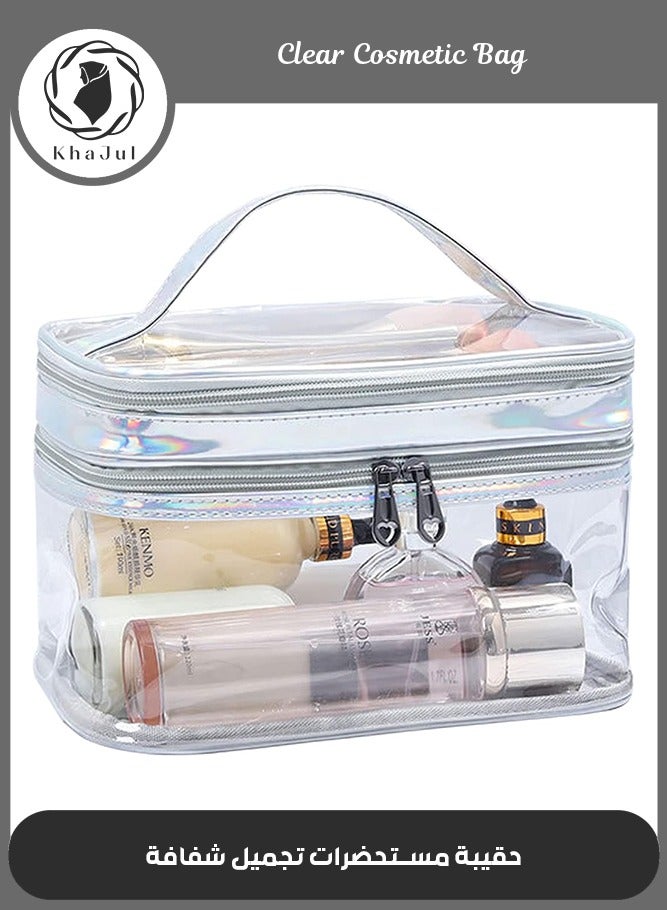 خاجول شنطة مستحضرات تجميل شفافة مزدوجة الطبقات للسفر لتنظيم المكياج وحامل فرش مقاوم للماء - Image 1