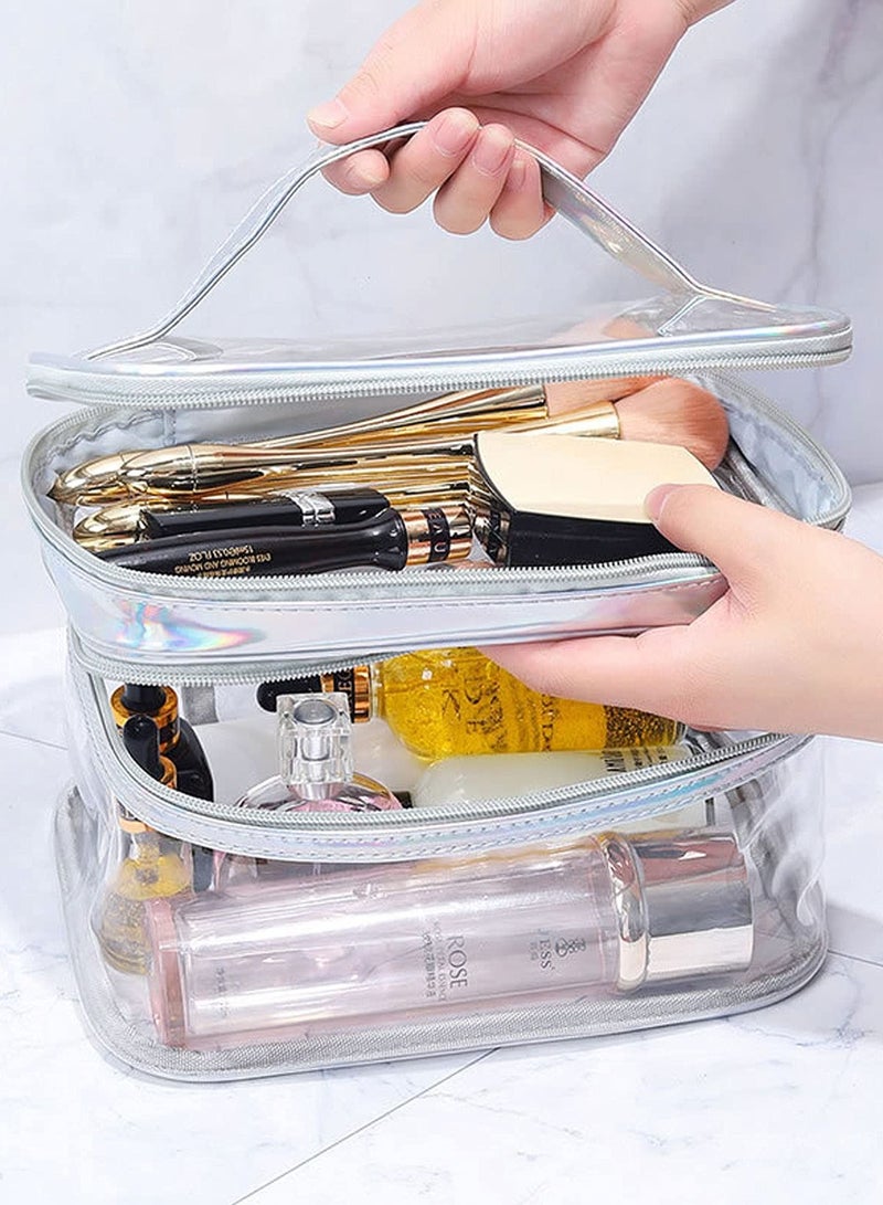 خاجول شنطة مستحضرات تجميل شفافة مزدوجة الطبقات للسفر لتنظيم المكياج وحامل فرش مقاوم للماء - Image 5