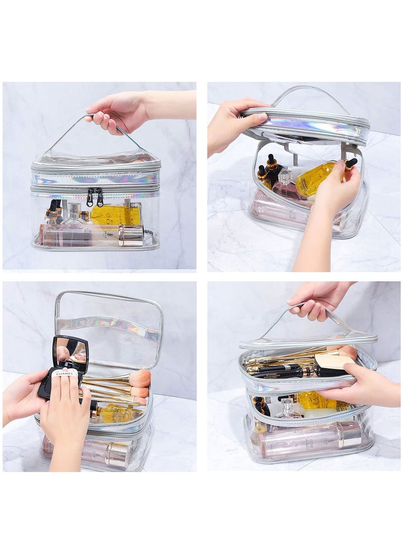 خاجول شنطة مستحضرات تجميل شفافة مزدوجة الطبقات للسفر لتنظيم المكياج وحامل فرش مقاوم للماء - Image 2