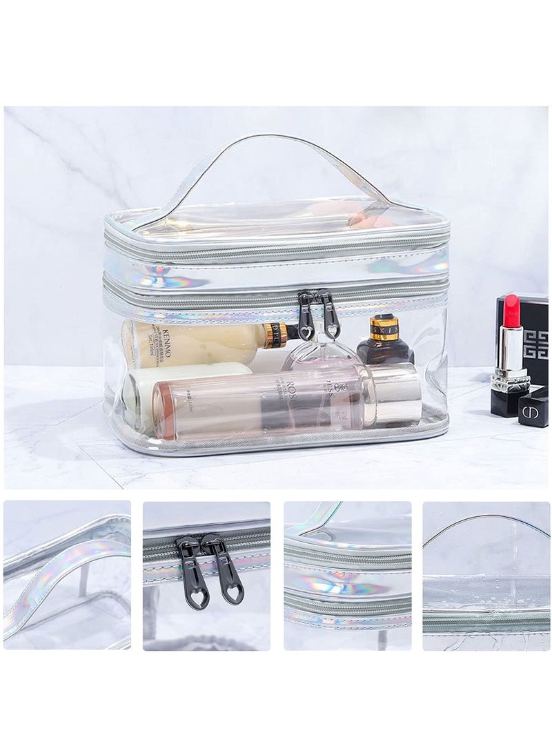 خاجول شنطة مستحضرات تجميل شفافة مزدوجة الطبقات للسفر لتنظيم المكياج وحامل فرش مقاوم للماء - Image 3