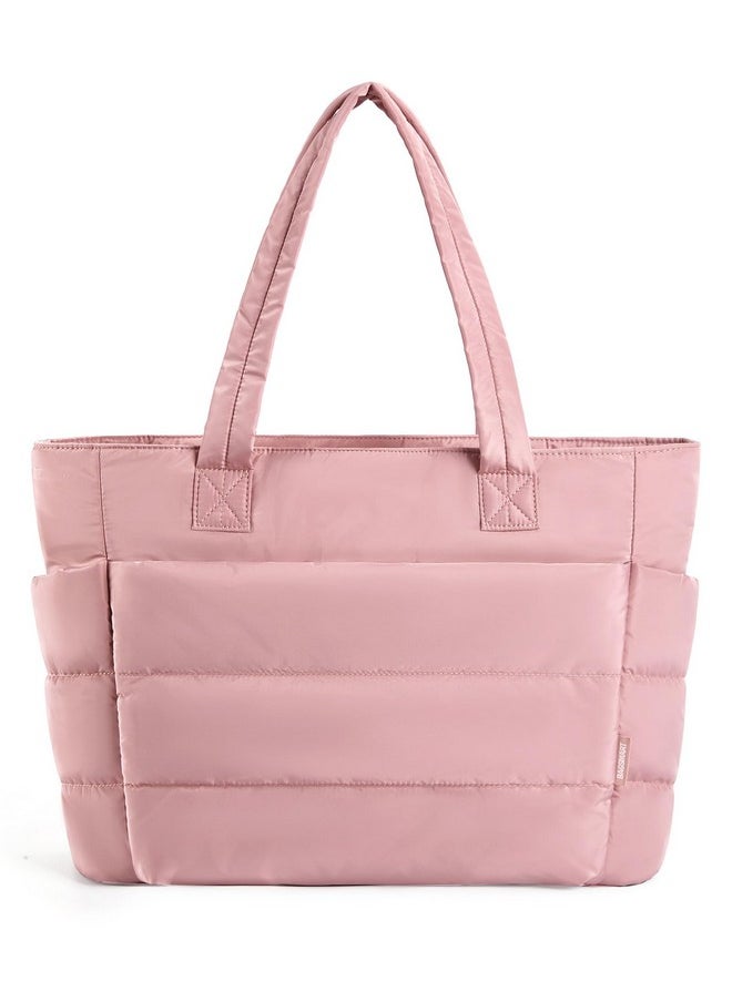 BAGSMART BAGSMART Tote Bag for Women, Lightweight Puffy Tote Bag with Compartments Shoulder Bag Handbag Quilted Shoulder Bag Handbag for Travel, Work, Beach, Gym, Shop(Dark Pink)  - Image 1