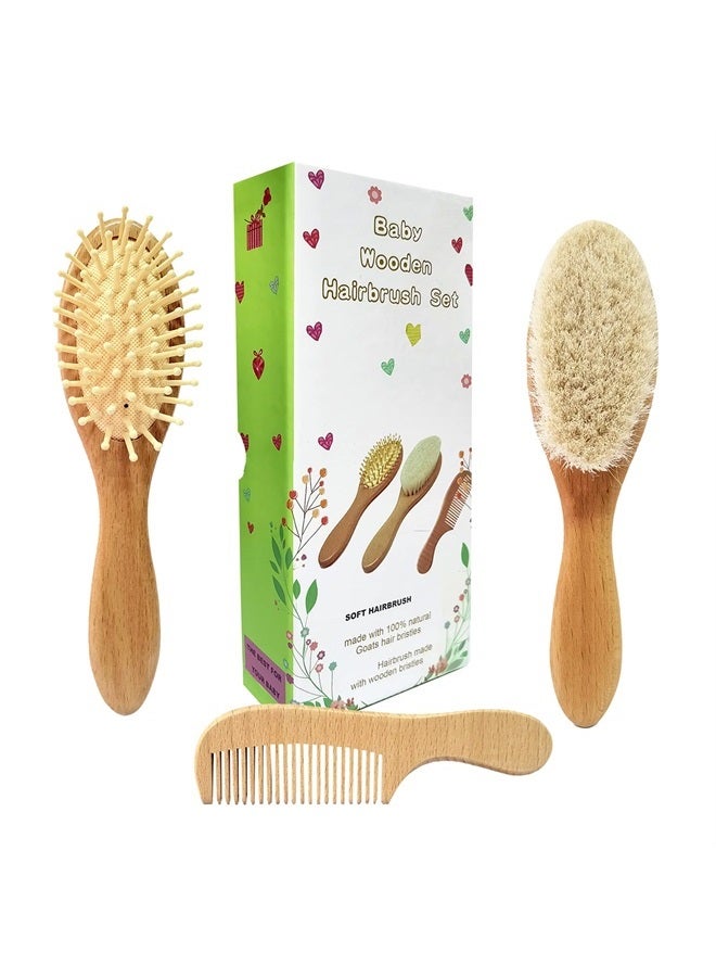 Molylove 3 Piece Baby Hair Brush and Comb Set for Newborn & Toddlers- Natural Wooden Hairbrush with Soft Goat Bristles for Cradle Cap - Perfect Scalp Grooming Product for Infant, Toddler, Kids, Baby - Image 1