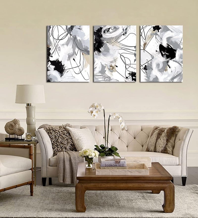 tigeridge Abstract Canvas Wall Art for Bedroom Bathroom Living Room Wall Decor Black White Grey Modern Abstract Canvas Pictures Abstract Prints Artwork Home Office Wall Decoration 12" x 16" x 3 Pieces - Image 2