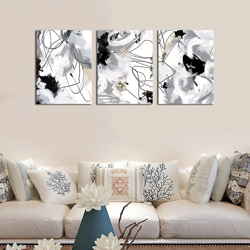 tigeridge Abstract Canvas Wall Art for Bedroom Bathroom Living Room Wall Decor Black White Grey Modern Abstract Canvas Pictures Abstract Prints Artwork Home Office Wall Decoration 12" x 16" x 3 Pieces - Image 3