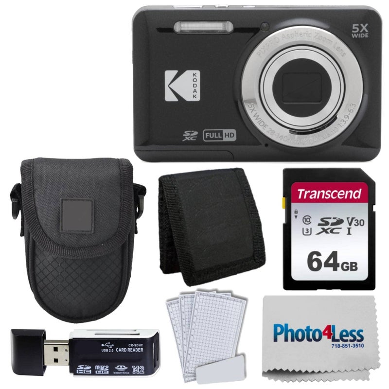 Photo4Less كاميرا رقمية Kodak PIXPRO FZ55 (أسود) + حقيبة كاميرا سوداء + بطاقة ذاكرة Transcend 64GB SD + محفظة بطاقات ذاكرة ثلاثية الطي + قارئ بطاقات USB SD عالي السرعة + المزيد! - Image 3