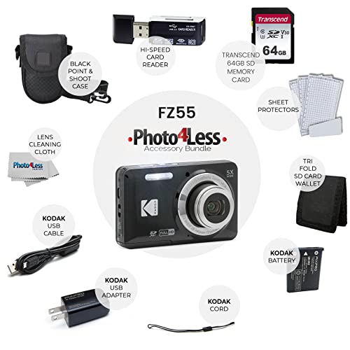 Photo4Less كاميرا رقمية Kodak PIXPRO FZ55 (أسود) + حقيبة كاميرا سوداء + بطاقة ذاكرة Transcend 64GB SD + محفظة بطاقات ذاكرة ثلاثية الطي + قارئ بطاقات USB SD عالي السرعة + المزيد! - Image 2