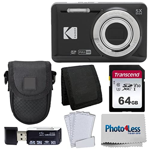 Photo4Less كاميرا رقمية Kodak PIXPRO FZ55 (أسود) + حقيبة كاميرا سوداء + بطاقة ذاكرة Transcend 64GB SD + محفظة بطاقات ذاكرة ثلاثية الطي + قارئ بطاقات USB SD عالي السرعة + المزيد! - Image 1