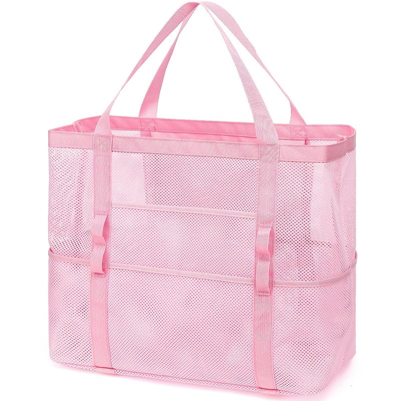 Fammart Mesh Beach Bag, Large Beach Tote with Zipper Pocket, Toys Pool Bag for Family Travel Vacation Cruise Essentials, Large - Pink - Image 1