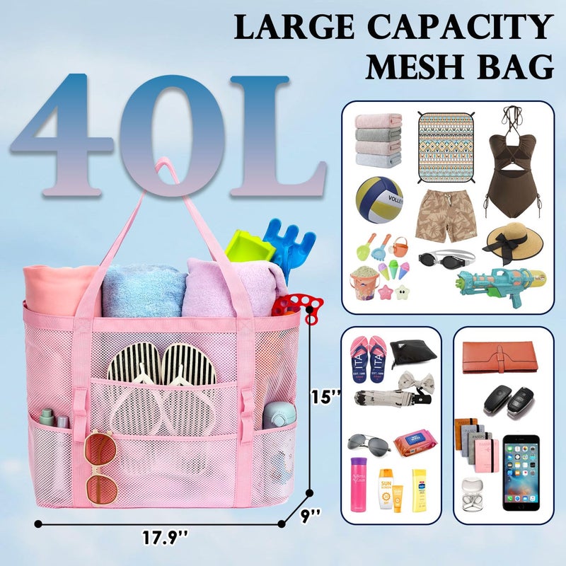 Fammart Mesh Beach Bag, Large Beach Tote with Zipper Pocket, Toys Pool Bag for Family Travel Vacation Cruise Essentials, Large - Pink - Image 4