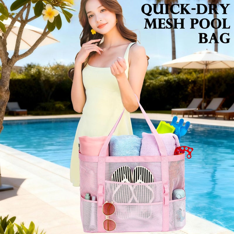 Fammart Mesh Beach Bag, Large Beach Tote with Zipper Pocket, Toys Pool Bag for Family Travel Vacation Cruise Essentials, Large - Pink - Image 2