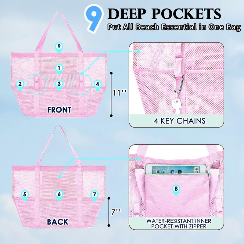 Fammart Mesh Beach Bag, Large Beach Tote with Zipper Pocket, Toys Pool Bag for Family Travel Vacation Cruise Essentials, Large - Pink - Image 5