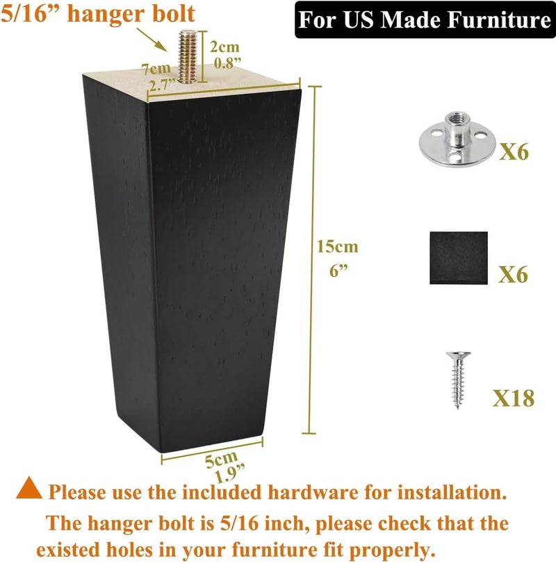 AORYVIC 6 inch Furniture Legs Black Couch Legs Set of 6 Ottoman Replacement Sofa Legs for Sectional, Dresser, Recliner, Nightstand - Image 2
