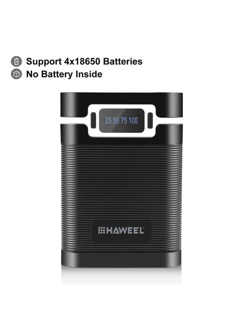 HAWEEL DIY 4x 18650 Battery (Not Included) 10000mAh Dual-way QC Charger Power Bank Shell Box with 2x USB Output & Display, Support PD / QC / SCP / FCP / AFC / PPS / PE (Black)