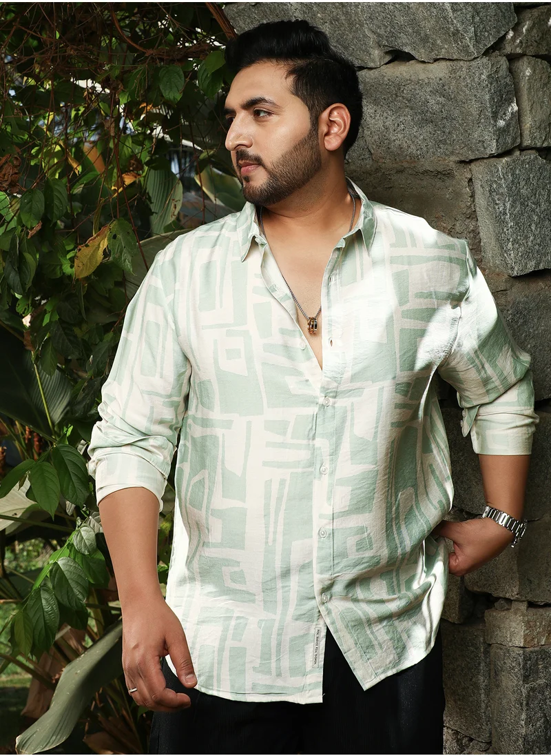 انستافاب بلس Instafab Plus Men's Green & White Abstract-Deco Regular Shirt For Casual Wear | Spread Collar | Long Cuffed Sleeves | Button Closure | Plus Size Shirt Crafted With Comfort Fit For Everyday Wear