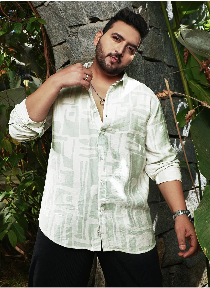 انستافاب بلس Instafab Plus Men's Green & White Abstract-Deco Regular Shirt For Casual Wear | Spread Collar | Long Cuffed Sleeves | Button Closure | Plus Size Shirt Crafted With Comfort Fit For Everyday Wear