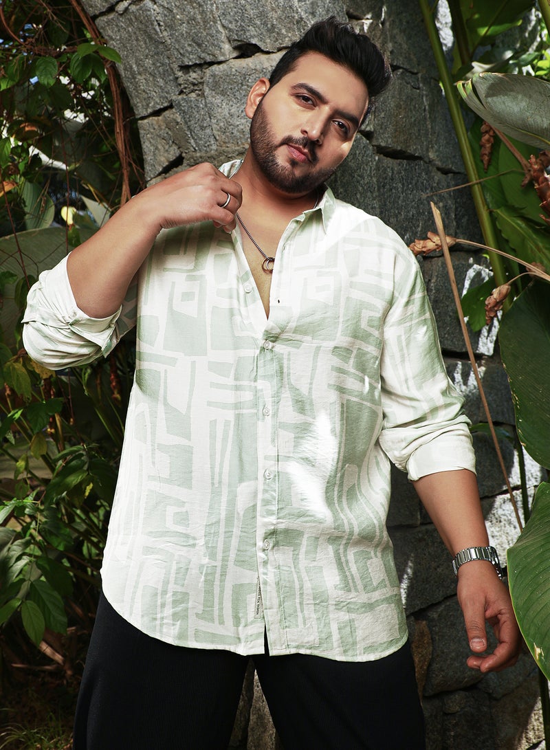 Instafab Plus Instafab Plus Men's Green & White Abstract-Deco Regular Shirt For Casual Wear | Spread Collar | Long Cuffed Sleeves | Button Closure | Plus Size Shirt Crafted With Comfort Fit For Everyday Wear  - Image 1