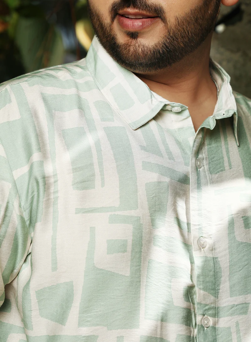 Instafab Plus Instafab Plus Men's Green & White Abstract-Deco Regular Shirt For Casual Wear | Spread Collar | Long Cuffed Sleeves | Button Closure | Plus Size Shirt Crafted With Comfort Fit For Everyday Wear
