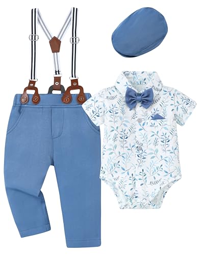 WESIDOM Baby Boy Clothes Suit 0-24M Infant Gentleman Wedding Outfit, Shirt+Bowtie+Beret+Suspender Pants Clothing Set - Image 1