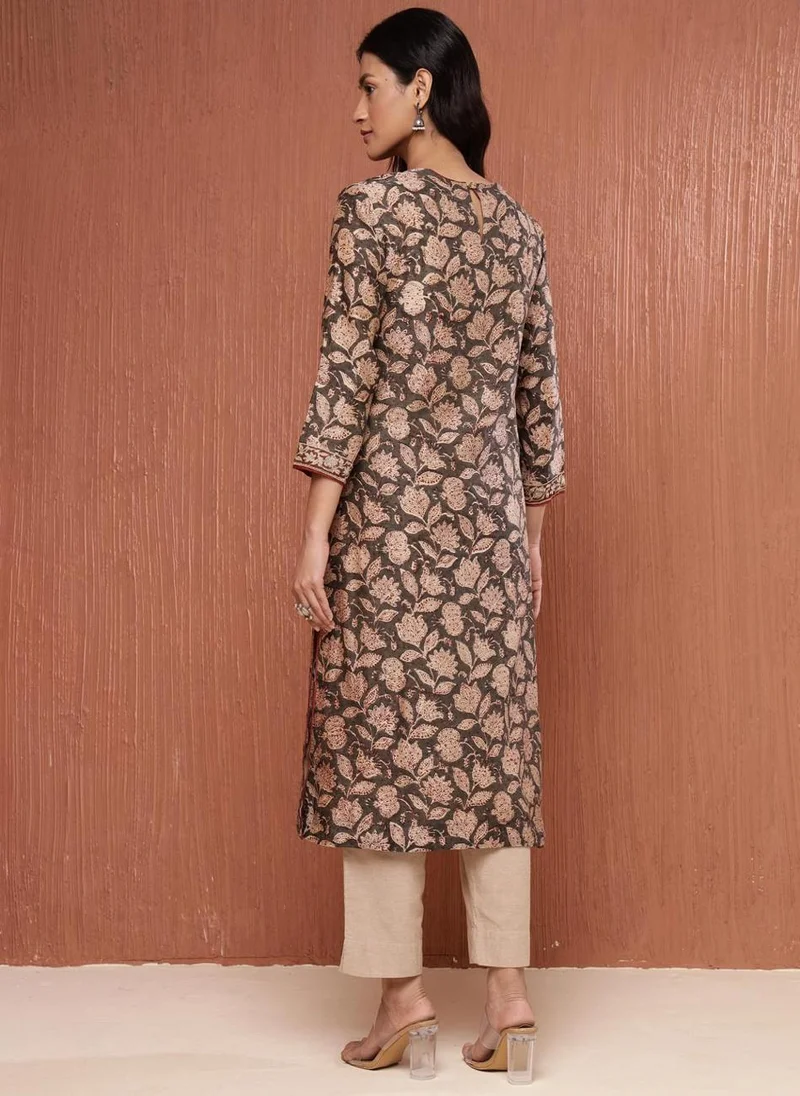 فاب انديا Natural Cotton Silk Bagru Printed Long Kurta