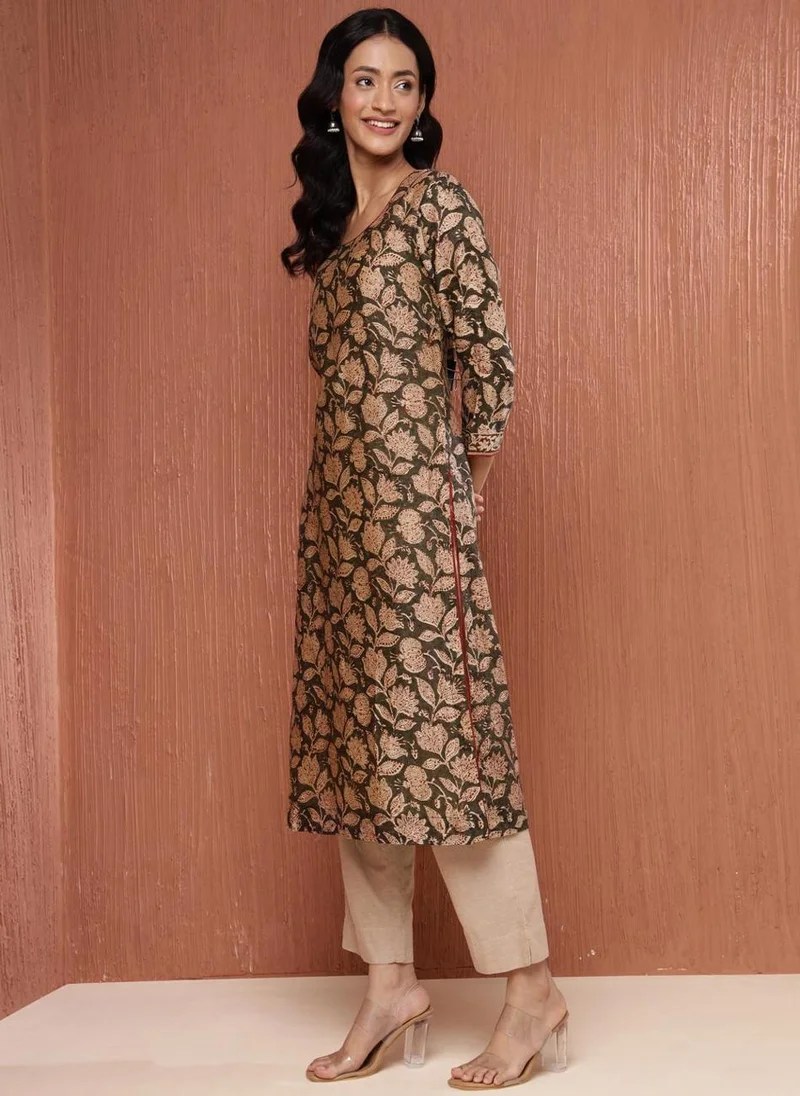 فاب انديا Natural Cotton Silk Bagru Printed Long Kurta