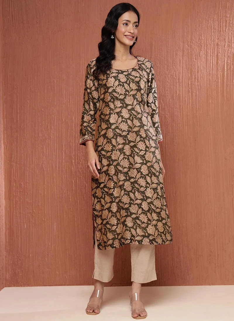 فاب انديا Natural Cotton Silk Bagru Printed Long Kurta