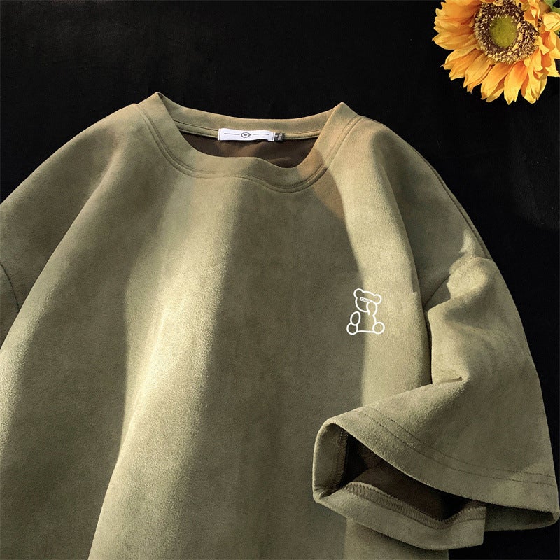 American Retro 220g Heavyweight Suede Short-Sleeved T-Shirt Men's Trendyy Brand Trendy Oversize Small Neckline 7-Quarter Sleeve Summer - Image 1