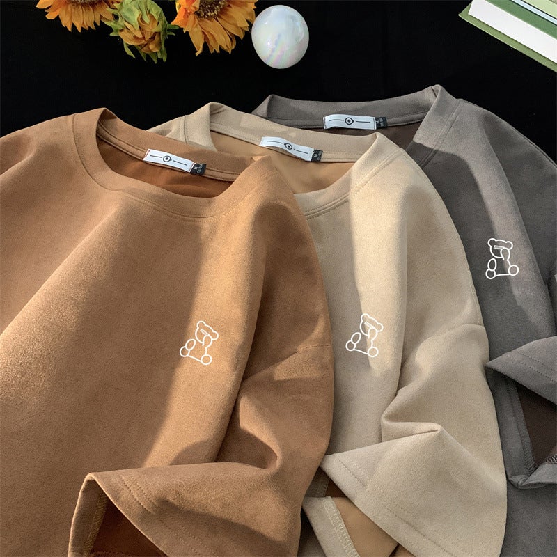 American Retro 220g Heavyweight Suede Short-Sleeved T-Shirt Men's Trendyy Brand Trendy Oversize Small Neckline 7-Quarter Sleeve Summer - Image 3