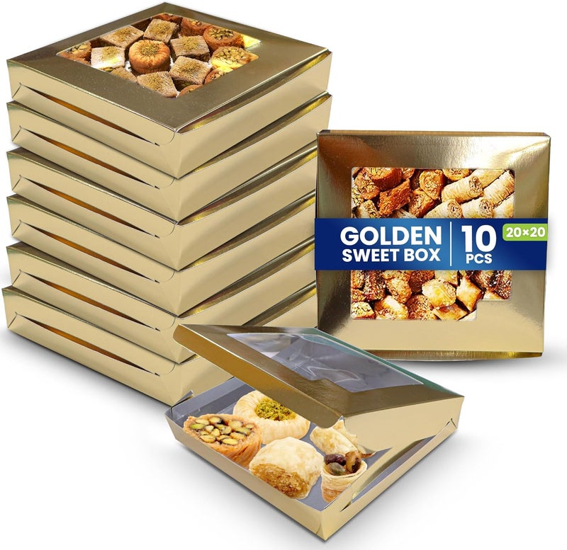 SNH Packing Pack 10 Gold Bakery Box with Window, 20 x 20 cm Sturdy Aluminum Treat Boxes for Cookies, Pastries, Donuts & Cakes - Dessert Gift Boxes for Weddings, Birthdays & Party Favors - Image 1