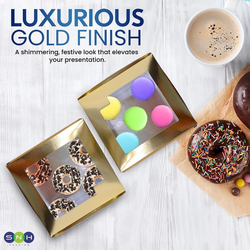 SNH Packing Pack 10 Gold Bakery Box with Window, 20 x 20 cm Sturdy Aluminum Treat Boxes for Cookies, Pastries, Donuts & Cakes - Dessert Gift Boxes for Weddings, Birthdays & Party Favors - Image 3