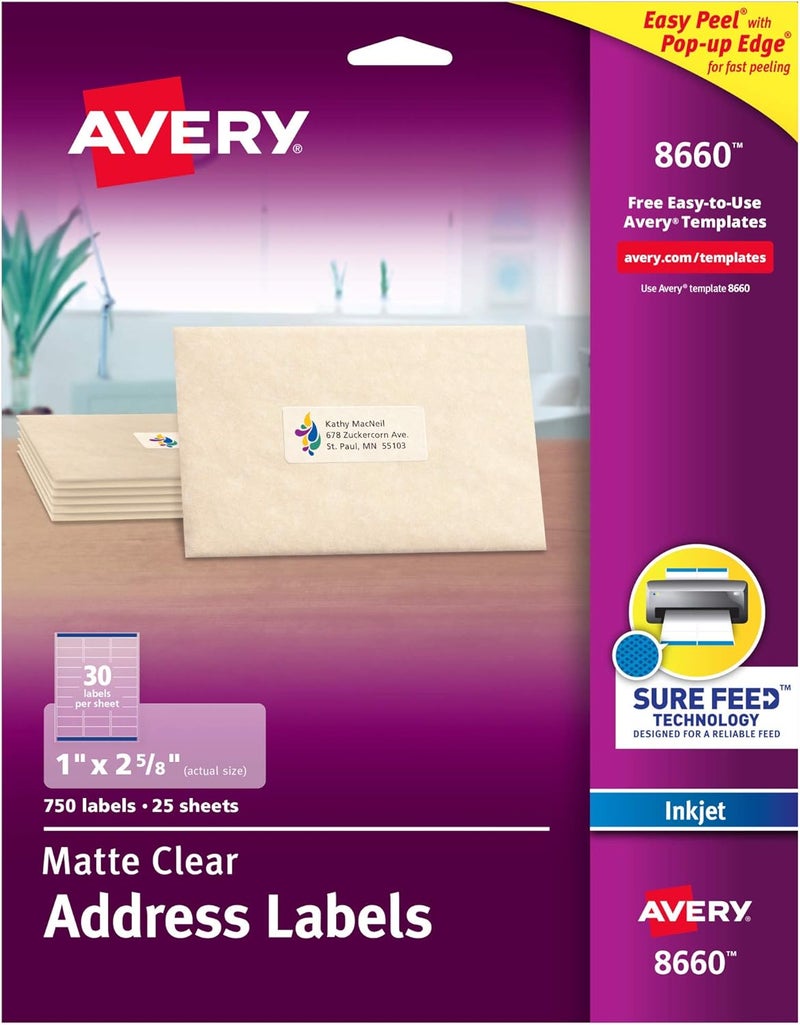 AVERY Matte Clear Address Labels, Sure Feed Technology, Inkjet, 1" x 2-5/8", 750 Labels, 5 Packs (8660) - Image 1