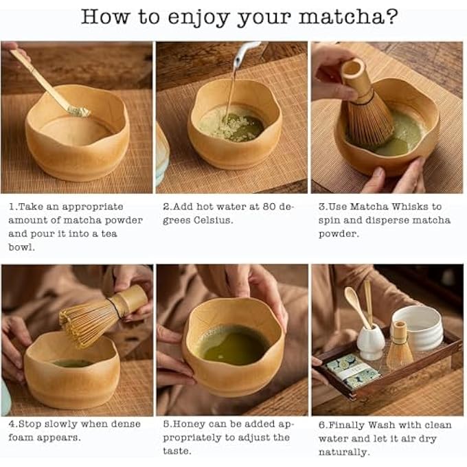 MostNow Matcha Tea Set7Pcs Matcha Kit For TeaTraditional Matcha Bowl With Bamboo Tea MatMatcha Whisk Ceramic Whisk Holder Towel Traditional Scoop Handmade Matcha Ceremony Kit Wood - Image 3