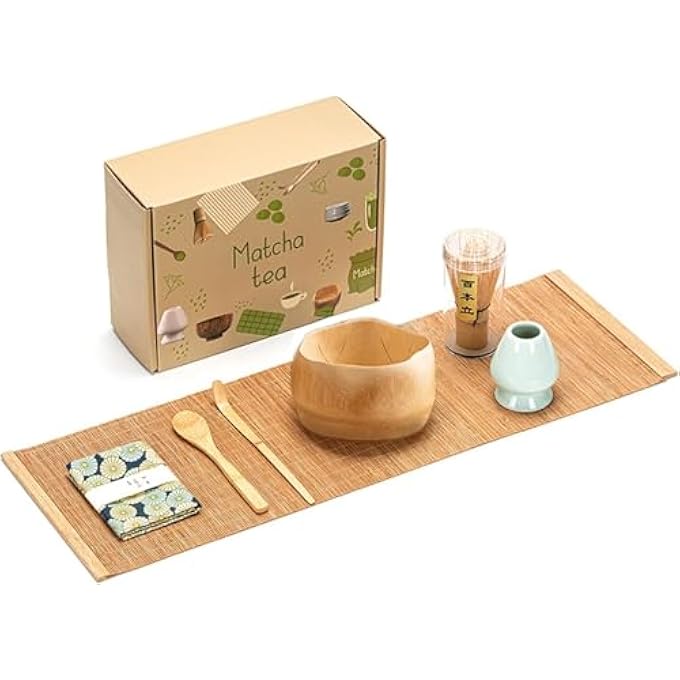 MostNow Matcha Tea Set7Pcs Matcha Kit For TeaTraditional Matcha Bowl With Bamboo Tea MatMatcha Whisk Ceramic Whisk Holder Towel Traditional Scoop Handmade Matcha Ceremony Kit Wood - Image 1