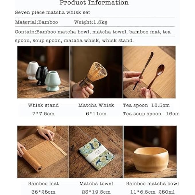 MostNow Matcha Tea Set7Pcs Matcha Kit For TeaTraditional Matcha Bowl With Bamboo Tea MatMatcha Whisk Ceramic Whisk Holder Towel Traditional Scoop Handmade Matcha Ceremony Kit Wood - Image 2