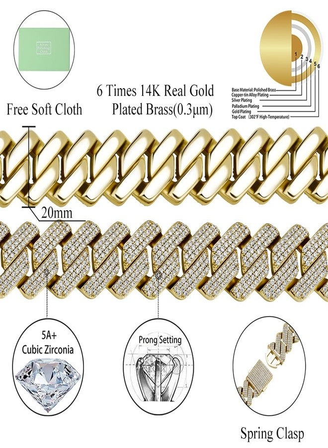 TOPGRILLZ Pulseras Para Hombres Gold Bracelet for Men Diamond Cuban Link Bracelet for Women 3 Row 20mm Miami 14K Gold Plated Iced out Straight Edge Rapper Costume (Gold, 8IN) - Image 2