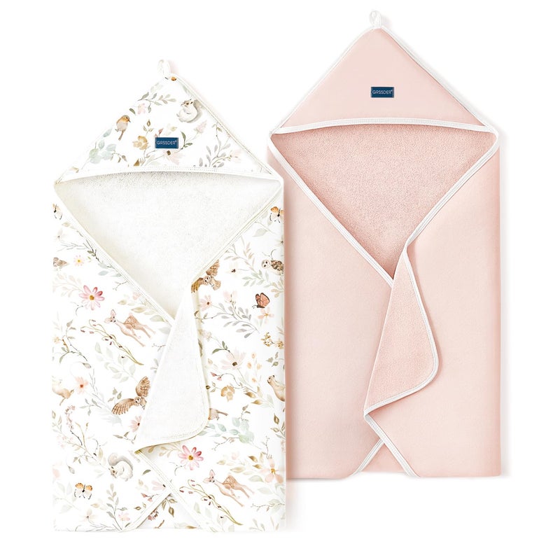 GRSSDER Baby Hooded Towel 2 Pack for Newborn, Super Soft Bath Towels with Original Design, Ultra Absorbent Knit Terry, Large Toddler Towels with Hood for Girls, Shower Gifts for Infant, 34"x 34" - Image 1