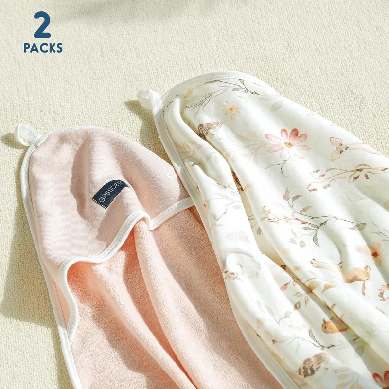 GRSSDER Baby Hooded Towel 2 Pack for Newborn, Super Soft Bath Towels with Original Design, Ultra Absorbent Knit Terry, Large Toddler Towels with Hood for Girls, Shower Gifts for Infant, 34"x 34" - Image 3