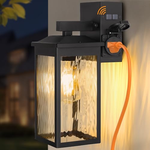 FANDBO Porch Lights with GFCI Outlet, Dusk to Dawn Outdoor Wall Lighting with Water Rippled Glass Shade, Waterproof Exterior Light Fixture Black Outside Lights for House Front Door Garage Patio (E26 Base) - Image 1