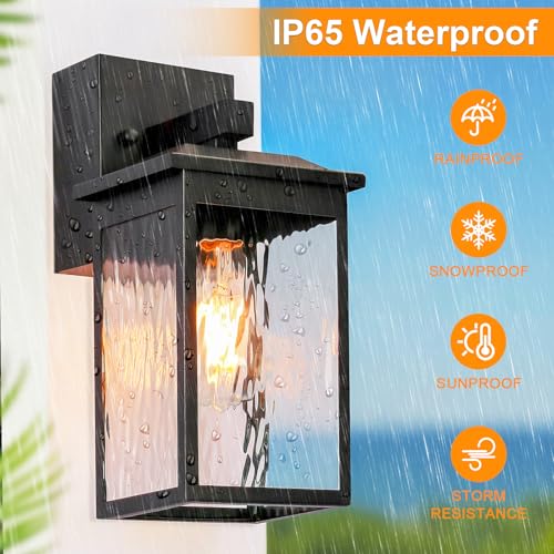 FANDBO Porch Lights with GFCI Outlet, Dusk to Dawn Outdoor Wall Lighting with Water Rippled Glass Shade, Waterproof Exterior Light Fixture Black Outside Lights for House Front Door Garage Patio (E26 Base) - Image 4