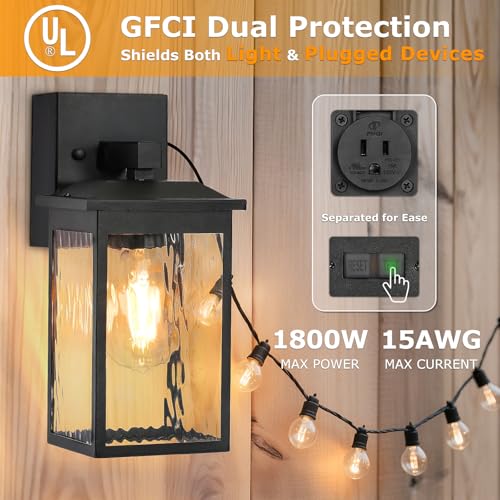 FANDBO Porch Lights with GFCI Outlet, Dusk to Dawn Outdoor Wall Lighting with Water Rippled Glass Shade, Waterproof Exterior Light Fixture Black Outside Lights for House Front Door Garage Patio (E26 Base) - Image 2