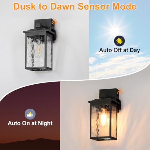 FANDBO Porch Lights with GFCI Outlet, Dusk to Dawn Outdoor Wall Lighting with Water Rippled Glass Shade, Waterproof Exterior Light Fixture Black Outside Lights for House Front Door Garage Patio (E26 Base) - Image 5