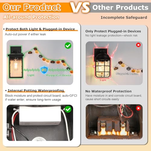 FANDBO Porch Lights with GFCI Outlet, Dusk to Dawn Outdoor Wall Lighting with Water Rippled Glass Shade, Waterproof Exterior Light Fixture Black Outside Lights for House Front Door Garage Patio (E26 Base) - Image 3
