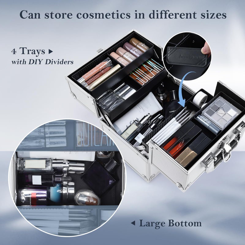 FRENESSA Makeup Train Case Makeup Organizer Box Portable Cosmetic Travel Case with Lock 4 Trays Aluminum Hard Vanity Box Make Up Artist Nail Beauty Storage Organizer Cosmetic Suitcase Bright Silver - Image 2