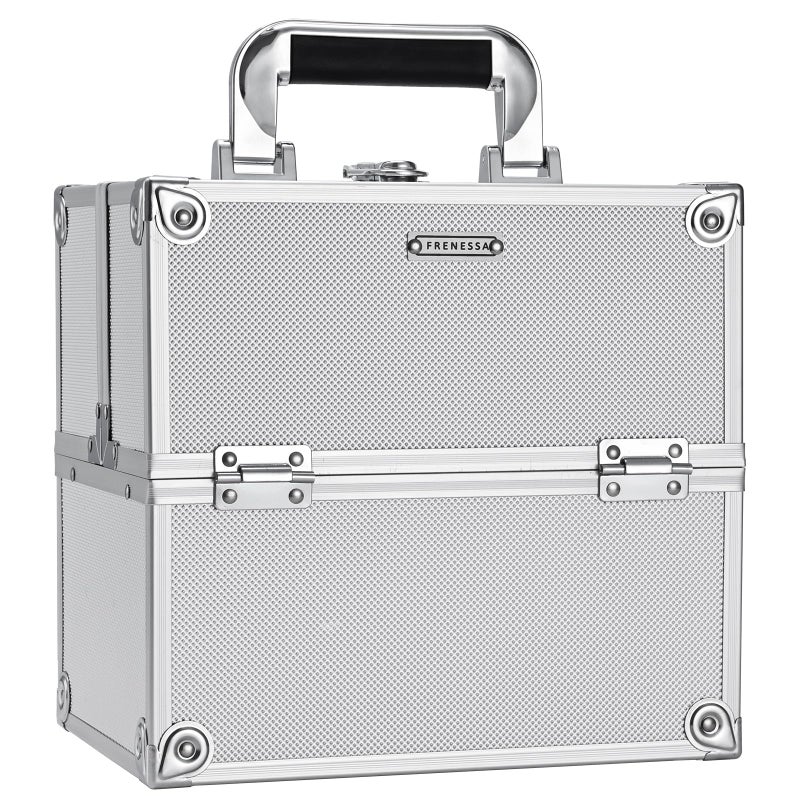 FRENESSA Makeup Train Case Makeup Organizer Box Portable Cosmetic Travel Case with Lock 4 Trays Aluminum Hard Vanity Box Make Up Artist Nail Beauty Storage Organizer Cosmetic Suitcase Bright Silver - Image 1