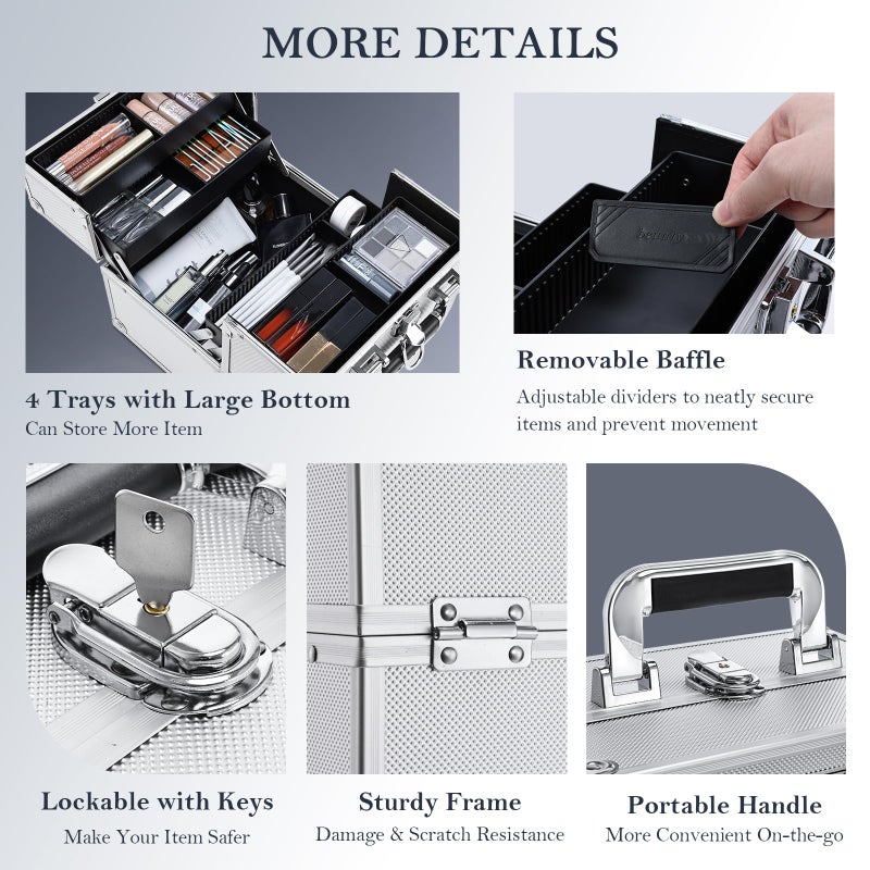 FRENESSA Makeup Train Case Makeup Organizer Box Portable Cosmetic Travel Case with Lock 4 Trays Aluminum Hard Vanity Box Make Up Artist Nail Beauty Storage Organizer Cosmetic Suitcase Bright Silver - Image 4