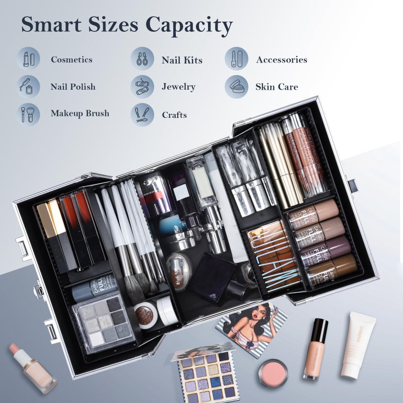FRENESSA Makeup Train Case Makeup Organizer Box Portable Cosmetic Travel Case with Lock 4 Trays Aluminum Hard Vanity Box Make Up Artist Nail Beauty Storage Organizer Cosmetic Suitcase Bright Silver - Image 3