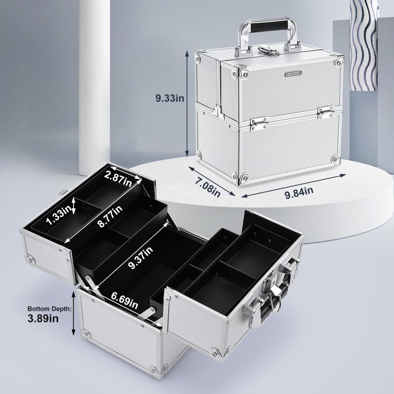 FRENESSA Makeup Train Case Makeup Organizer Box Portable Cosmetic Travel Case with Lock 4 Trays Aluminum Hard Vanity Box Make Up Artist Nail Beauty Storage Organizer Cosmetic Suitcase Bright Silver - Image 5