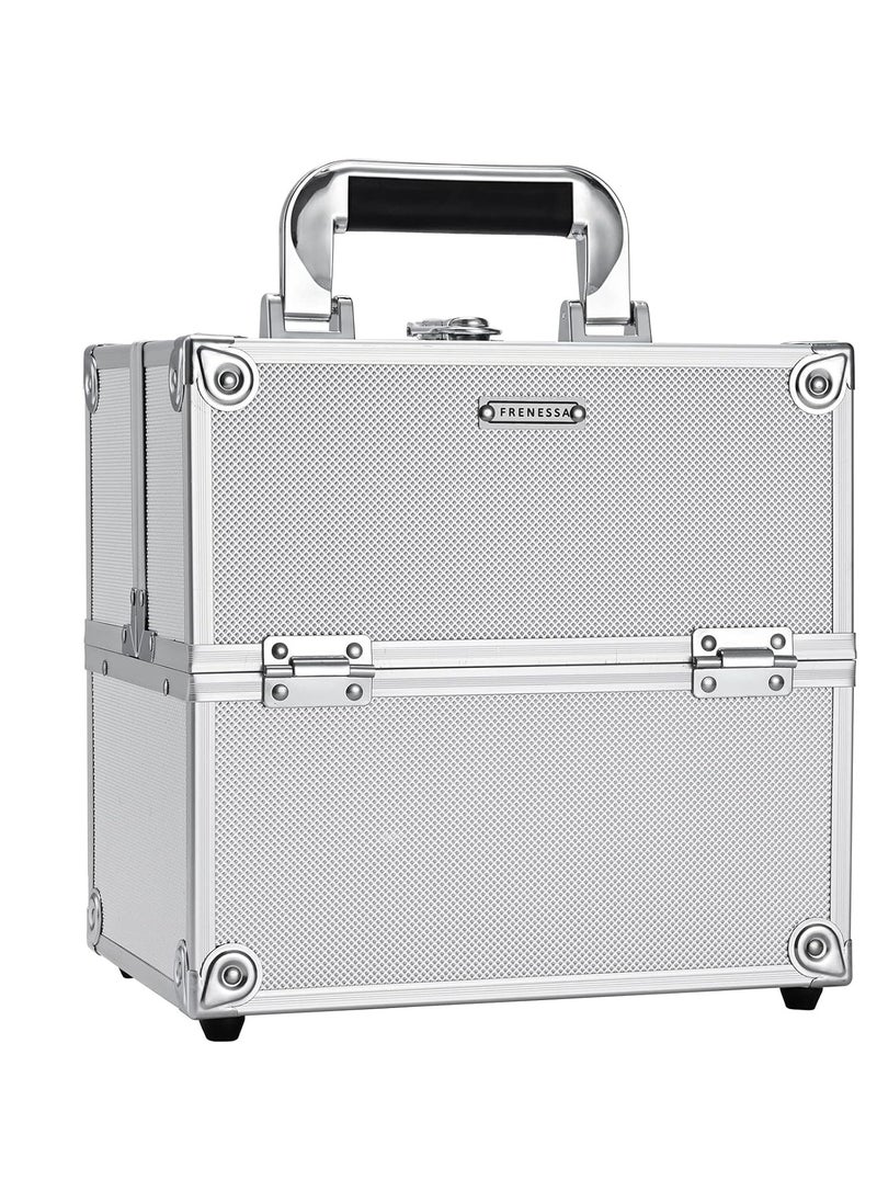 FRENESSA - Professional Makeup Train Case Aluminum Makeup Box 4-Tier Trays Crafters Train Case Jewelry Storage Organizer with Lockable Portable Travel Makeup Storage Box for Women and Girls (Bright Silver) - Image 1