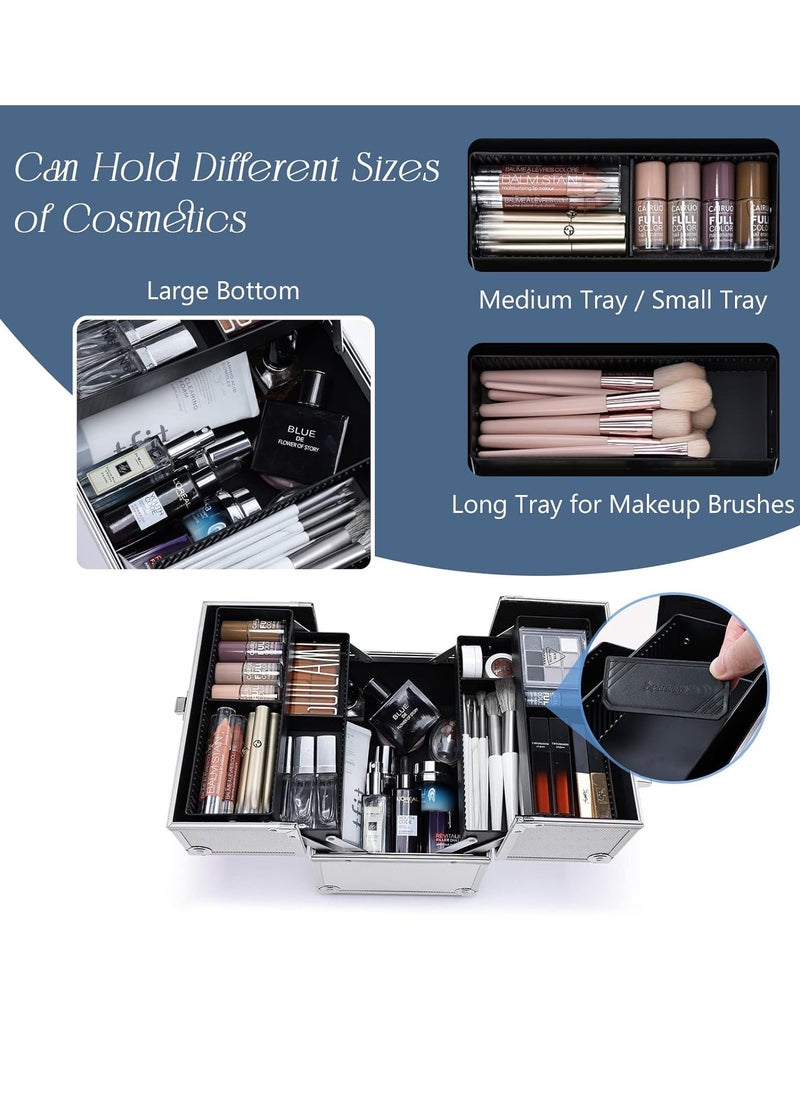 FRENESSA - Professional Makeup Train Case Aluminum Makeup Box 4-Tier Trays Crafters Train Case Jewelry Storage Organizer with Lockable Portable Travel Makeup Storage Box for Women and Girls (Bright Silver) - Image 1